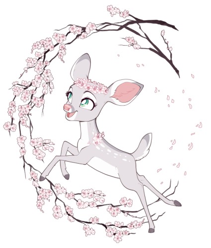 A smiling silver doe frolicking among cherry blossoms.